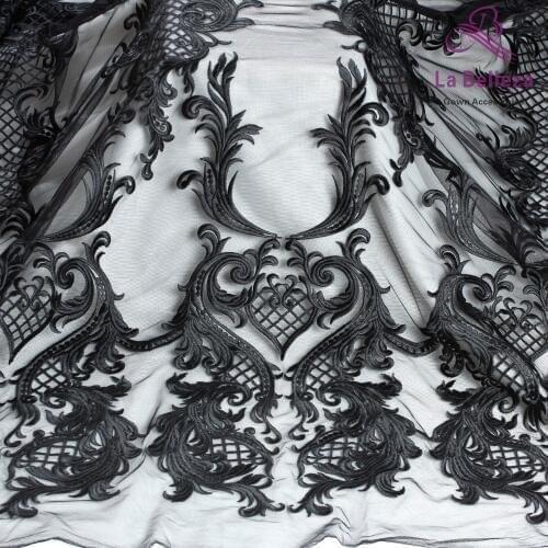 La Belleza Black and off white polyester on mesh heavy embroidery wedding dress lace fabric 1 yard 51" width