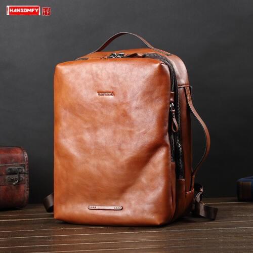 Cowhide Leather Men Backpack 14 Inch Laptop Shoulder Bag Casual Business Computer Bag Male Travel Backpacks 2021 New Tide Brand