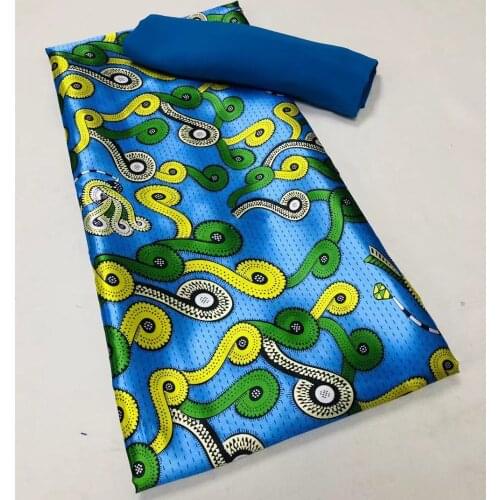Soft Blue African Silk Print Fabric Most Popular Satin Fabric African Silk Satin Fabric for Dress 4+2yards M0418-10