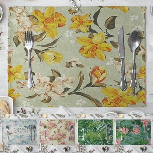 New Arrive 1Pcs Placemat Table Mat Hand Painted Green Leaves Printed For Tables Heat-insulation Linen Kitchen Dining Pads