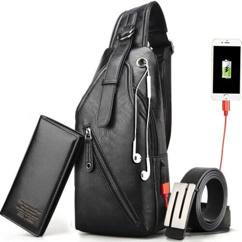 New Arrivel Mens USB Chest Bag 3PCS PU Leather Cross-body Bag for Business Men with Purse and Belt travel brown coffee bags