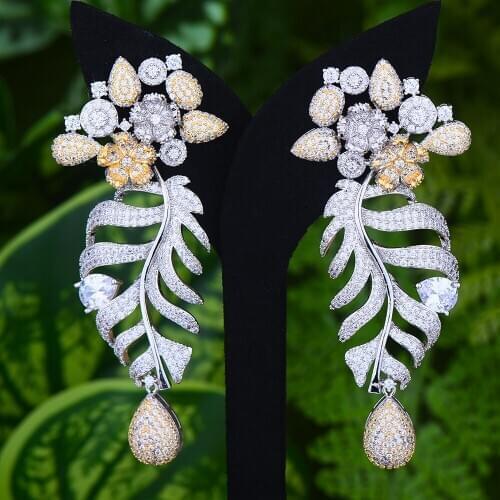LARRAURI Luxury Popular Luxury Flower Leaf Full Mirco Paved Cubic Zirconia Naija Wedding Earring Fashion Jewelry for Women
