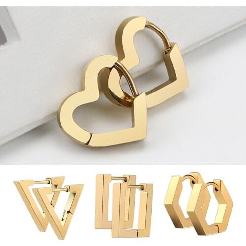 2PCS Geometric & Heart Small Hoop Sleeper Earrings Women Stainless Steel Hinged Daith Cartilage Tragus Cute Hoops Jewelry Gift