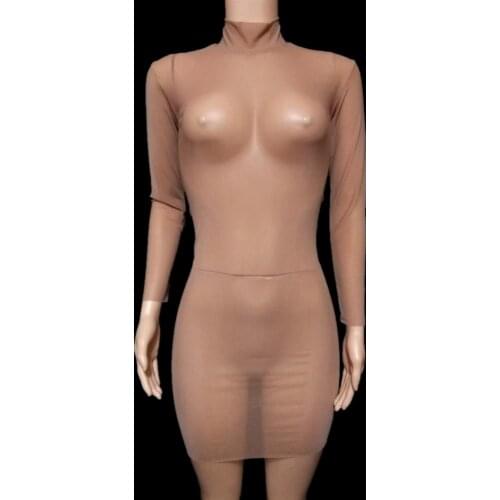 Sexy Perspective Skin Color Party Club Dress Women See Through Nude Stretch Mesh Prom Bodycon Dress Cosplay Dancer Stage Wear