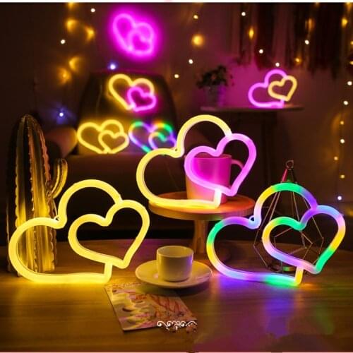 LED Neon Light USB Battery Operated Double Love Art Sign Bedroom Decoration Hanging Night Lamp Home Party Holiday Decor Xmas Gif