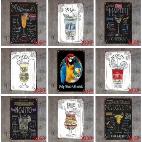 Vintage Metal Signs of Polly Wants A Cocktail! Bloody Mary Pina Colada Mojito Blue Lagoon Popular Iron Painting Bar Decoration