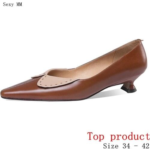 Women Med Heels Pumps Med Heel Shoes Woman Party Shoes Kitten Heels Genuine Leather Small Plus Size 34 -40 41 42