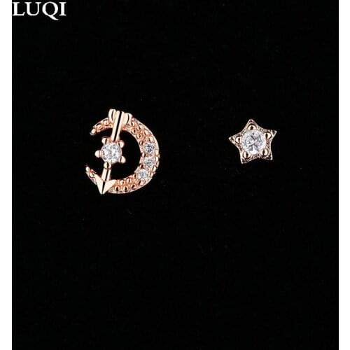 Fashion Womens S925 Silver Plated Rose Gold Personality Trend Moon Star Zircon Stud Earrings 001