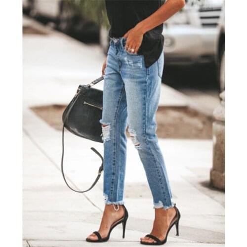 Women Ripped Hole Jeans Women Streetwear Casual Oversized Jeans Button Stretch Slim Pants Jeans Summer Denim Pants Trousers