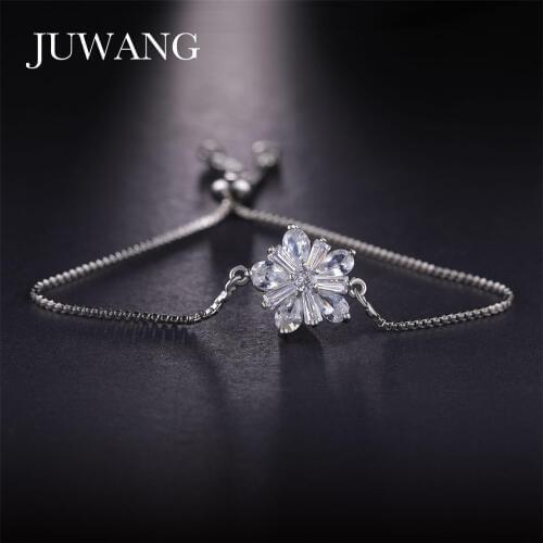JUWANG Plant Flower Bracelets Bangle for Women AAA Cubic Zirconia Sliver Color Crystal Adjustable Slide Box Fashion Jewelry Gift