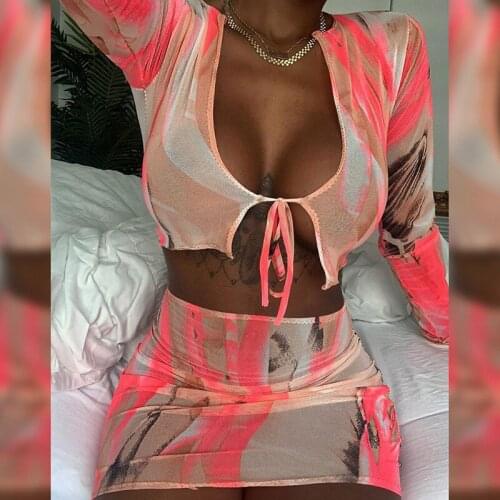 2021 New Summer Women Sexy Low Neck Long Sleeve Bandage Short Crop Top Bodycon Skirt 2 Piece Set Casual Outfit Beach Cover Ups