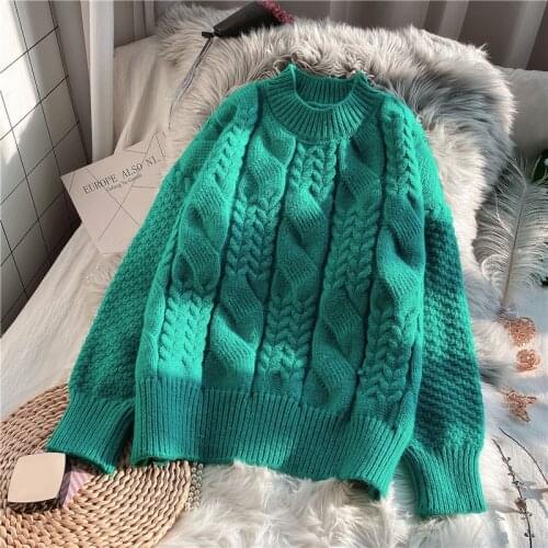 Winter new solid green knitted women sweaters and pullovers o-neck lantern sleeved short high waist lady elegant pulls outwears