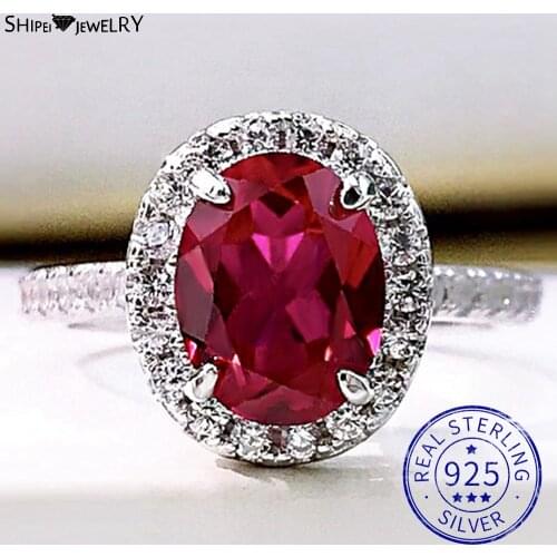 Shipei 100% 925 Sterling Silver Oval Cut Ruby Created Moissanite Gemstone Wedding Engagement Women Personality Ring Fine Jewelry