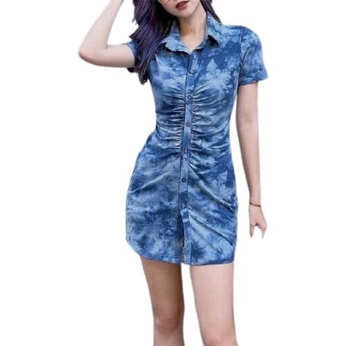Womens new fashion tie-dye printed lapel short-sleeved dress single-breasted button slim bag hip mini skirt y2k youth style /F