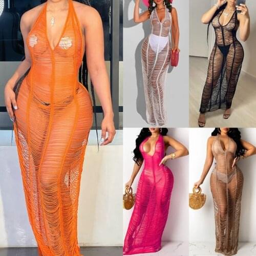 2021 Summer Women New Sexy See Through Dress Halter Lace-up Deep V Neck Perspective Hollow Out Backless Dress Swimwear Coverup
