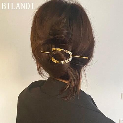 Bilandi Gold Silvery Color Metal Hair Stick Geometric Round Square Hollow Removable Hair Clip Sticks Head Accessories for Women
