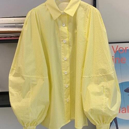 2021 Autumn Female Casual Loose Stripe Shirt Women Loose Oversized Long Sleeve Blouse Tops Korean Lapel Lady Office Shirts Q332