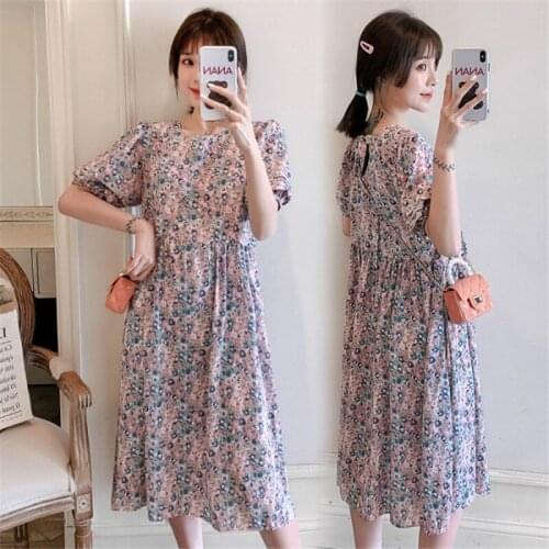 8810# Maternity Dress Summer Chiffon Short Sleeve Loose Mid-Long Floral Dress for Pregnant Women Mom Dress