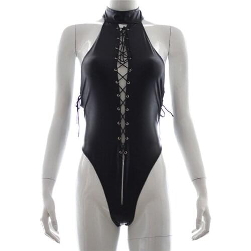 Neck Teddy Cupless Lingerie Bodysuit Kinky Cosplay For Adult Games Womens Bondage Patent Leather Strappy Body Harness Halter