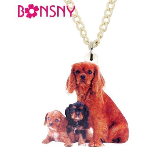 Bonsny Acrylic King Charles Spaniel Dog Necklace Pendant Chain Choker Cute Animal Jewelry For Women Girls Pet Lovers Gift Bijoux