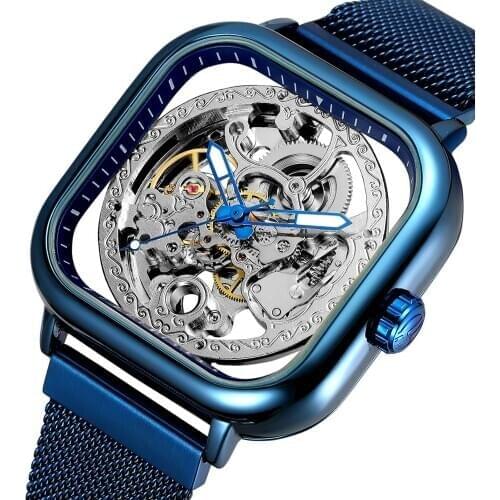 Fashion Square Transparent Watch Men Skeleton Watches Blue Mesh Band Automatic Mechanical Watches Magnetic Button Reloj Hombre