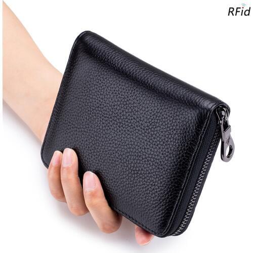 New Business RFID Credit Card Holder Genuine Leather Organizer Small Cowhide Zipper Wallet Minimalist Women Travel Card Bag