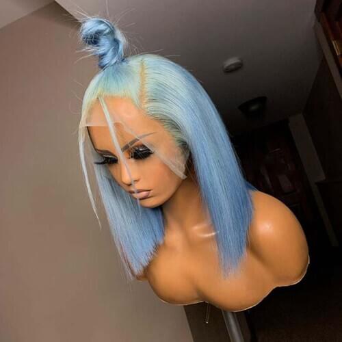 Baby Blue Ombre Bob Indian Human Hair 13x4 Transparent Lace Front Wigs 150Density Blonde Human Hair Glueless Lace Wigs Buns Wigs