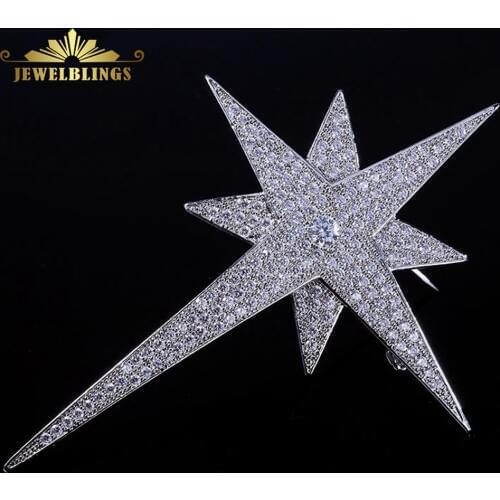 Glamorous Bling Full Micro Pave CZ Statement Two Layer Four Point Spiky Star Brooches Pins for Unisex Suit Outfit Jacket Jewelry