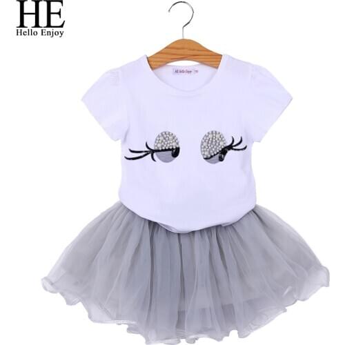 HE Hello Enjoy Children Clothes 2018 Summer Kids Clothing Short Sleeves White Print Eyes Pearl Top+Gauze skirt Suit Girls Set