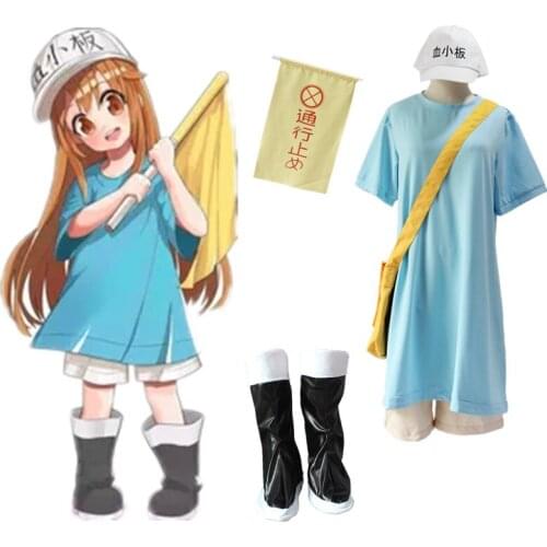 Anime Cells At Work Cosplay Costume Hataraku Saibou Platelet Kesshoban Uniform Full Set (Tops+Shorts+Bag+Hat+Flag)