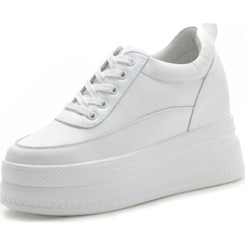 Genuine Leather Summer Women Sneakers White Flat Platform Vulcanize Shoes Breathable Casual Internal Increase Shoes For Women