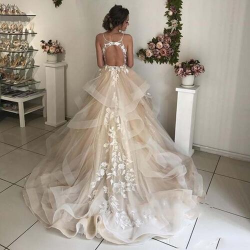 Champagne Floral Lace Wedding Dresses 2020 Sexy Backless Ruffles Puffy Bridal Gowns Beach Wedding Gowns Vestido De Noiva
