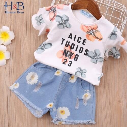 Humor Bear Girls Clothes Set Summer Short Sleeve Letter Floral Printed Top+Denim Shorts Sport 2Pcs Toddler Kids Clothes