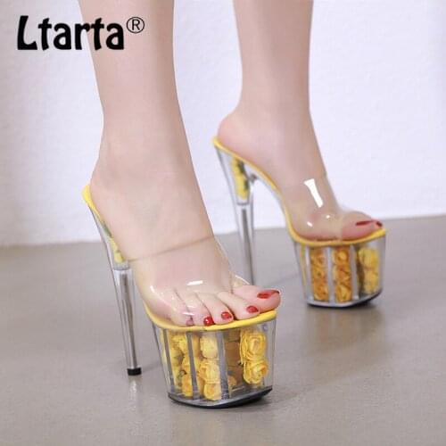 LTARTA 17CM heel 7cm platfrom Women High-heeled Waterproof Table Transparent Crystal Wedding Sandal slippers LFD