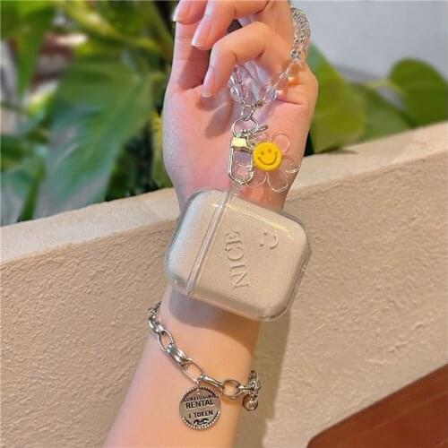 Cute Smile Flower Pendant Earphone Cases for AirPods 1 2 Soft Glitter Cover for Air Pods Pro Bracelet Bluetooth Earphone Shell