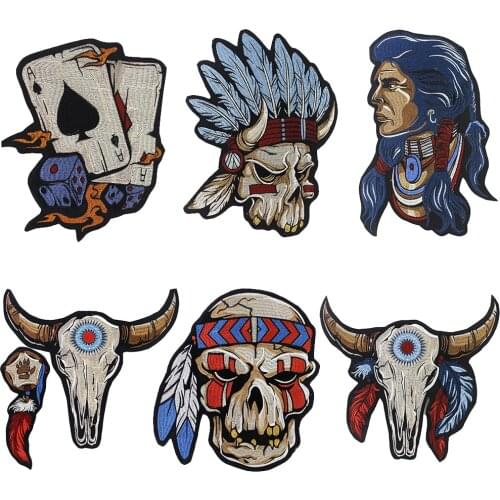 Indian Man Patch Feather Sheep Skull Badge Poker Dice Embroidered Applique Iron on Punk Biker Clothes Sticker Apparel Accessorie