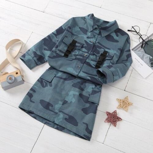 New European And American Style Childrens Long-Sleeved Single-Breasted Lapel Open Pocket Jacket + Belt Short Skirt Camouflage