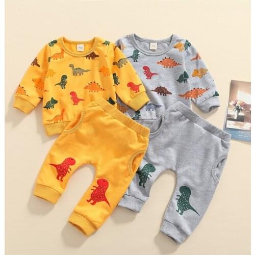 0-24M Newborn Baby Boy Long Sleeve Cartoon Dinosaur Pullover Sweatshirt Tops Long Pant Trouser 2PCS Autumn Clothes Set