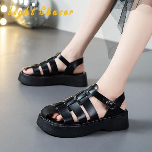 2021 Summer New Shoes Womens Sandals Students Flat Platform Shoes Women Soft Patent Leather Gladiator Sandals Female Beach Shoes