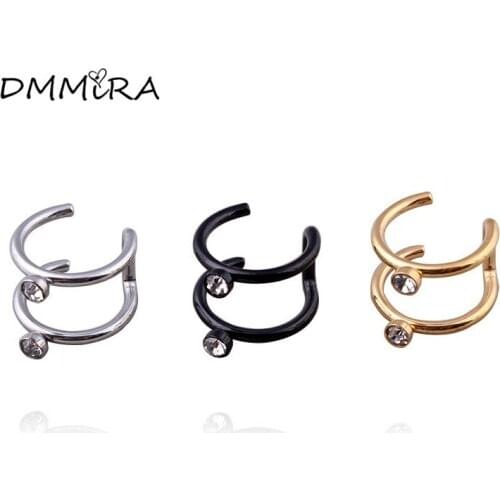 Fashion Women Punk Color Gold Black Stainless Steel Crystal Allergy Double Circle Wire No Hole Hoop Huggie Earrings Jewelry