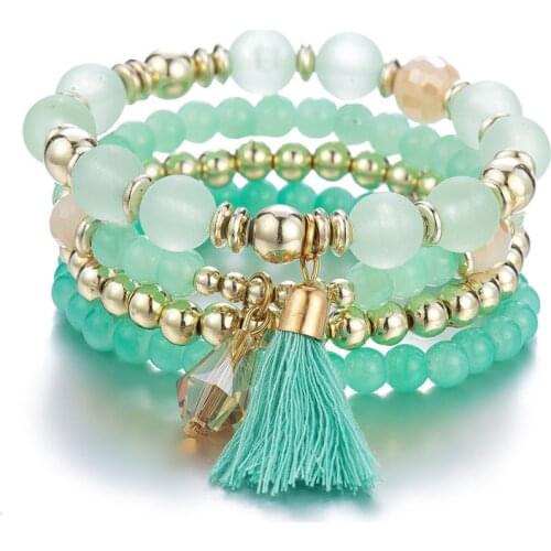 Bohemian Handmade Beaded Bracelet Womens Fashion Multilayer Elastic Crystal Bead Pendant Tassel Bracelet