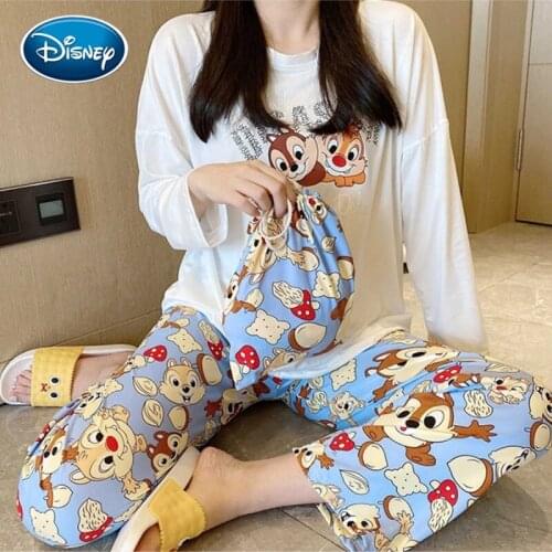 Cartoon Mickey Print Spring Autumn Girl Pajamas Cute Pattern Loose Long-Sleeved Trousers Cloth Bag Home Cloth Suit