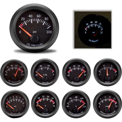 Car Gauge 2" 52mm Boost Gauge Water Oil Temperature Oil Pressure Fuel Volt Gauge Air Fuel Ratio Exhaust Temp Vehicle Meter 12V