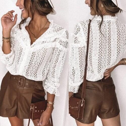 Fashion Lace Shirts Women Spring Solid Single-Breasted See Through O-Neck Long Sleeve Slim Blouses Vintage Ruffles Lace Cardigan