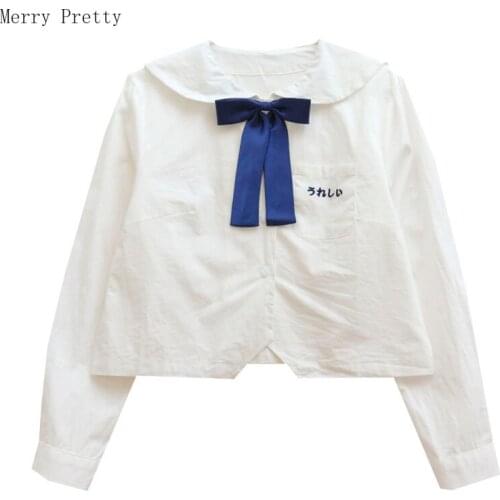 Japanese Letter Embroidery Casual Cotton Blouses Women 2021 Summer Long Sleeve Lace Up Korean Fashion Girly Vintage Crop Tops