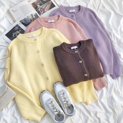 2021 Women Autumn Casual Solid Cardigans Female V Neck Loose Short Sweater Cardigan Buttons Knitted Sweater Cardigan Tops Q754