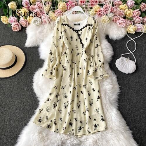 2021 spring new womens square collar puff sleeve flower print chiffon dress female chic sweet A-line dresses