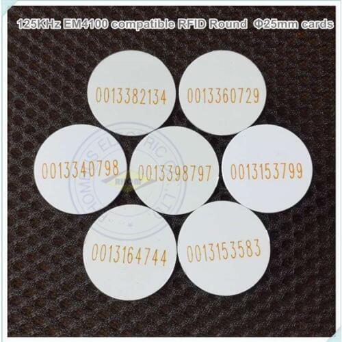 100Pcs 125KHz EM4100 ID RFID compatible cards diameter-25mm Printed number