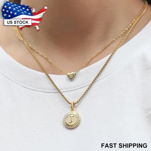 2pcs/Set Initial Letter Round Heart Pendant Necklace For Women Men Box Rolo Stainless Steel Chain Choker Jewelry LKN657GP418