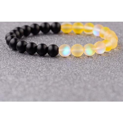 Amader Vintage Yellow Glitter MoonStone&Black Stone Beads Bracelet Men Yinyang Prayer Elastic Bracelets For Women AB316